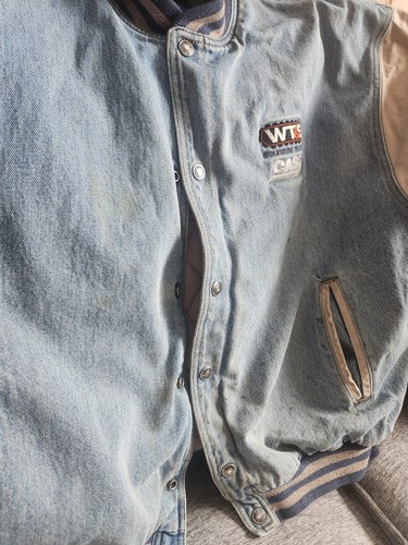 Tri Mountain Stadium Jacket Adult Large Blue Denim 2 Tone Skydive Snap Bomber - Picture 3 of 5