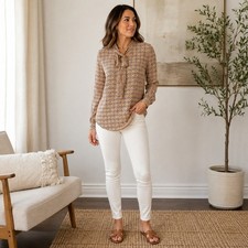 Banana Republic Blouse Sheer Tie Neck Geometric Print Long Sleeve Womens Size XS