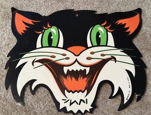 Vintage Beistle Halloween Cat Black Orange Cutout Black Cat Green Eyes Decor 70s