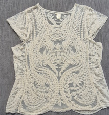White sheer floral lace short sleeve top blouse SZ unknown Cotton Blend women's