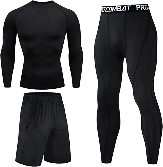 Mens GYM 3 piece Compression Running Set Rashguard Base Layer shorts Leggings