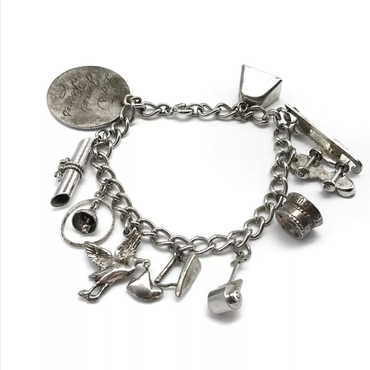 Vintage 925 Sterling Silver Charm Bracelet Loaded W/ 10 Charms 7.25