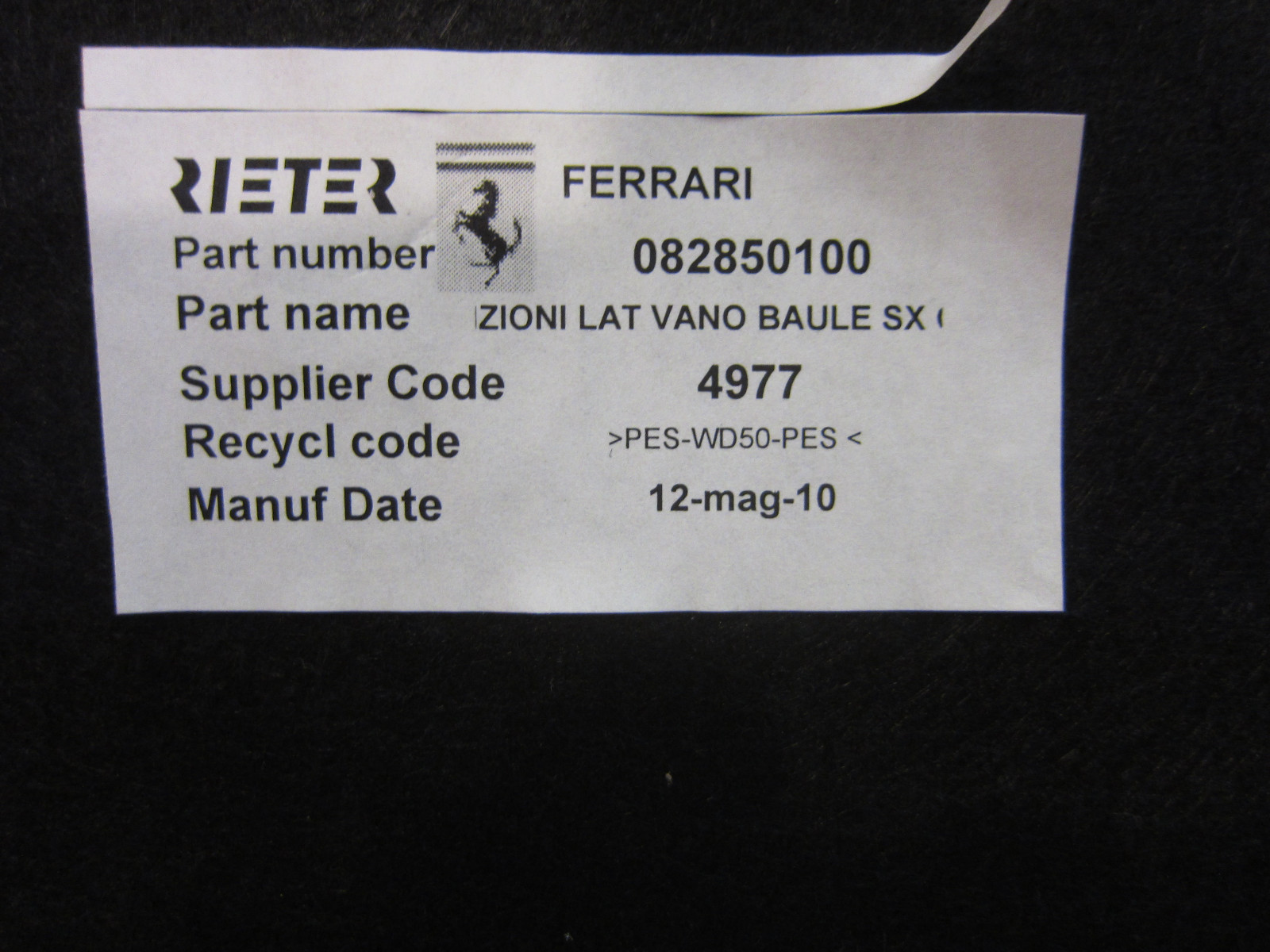 Ferrari California - LH Side Trunk Carpet Panel- P/N 82850100