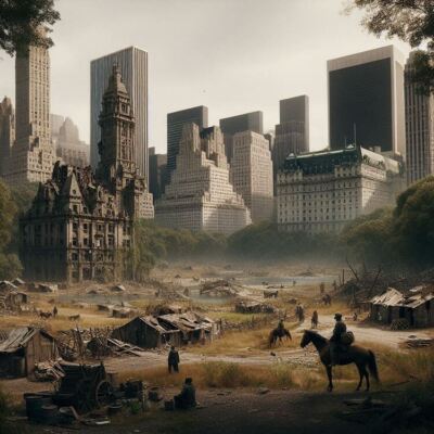 Post Apocalyptic American City New York Central Park Tent Horses Poster Print