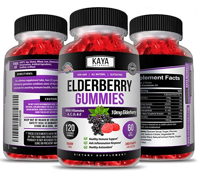 (Paquete de 2) Gominolas de Saúco 60ct Apoyo Inmunológico Zinc Vitamina C Negro Sambuco Foto 3 de 4