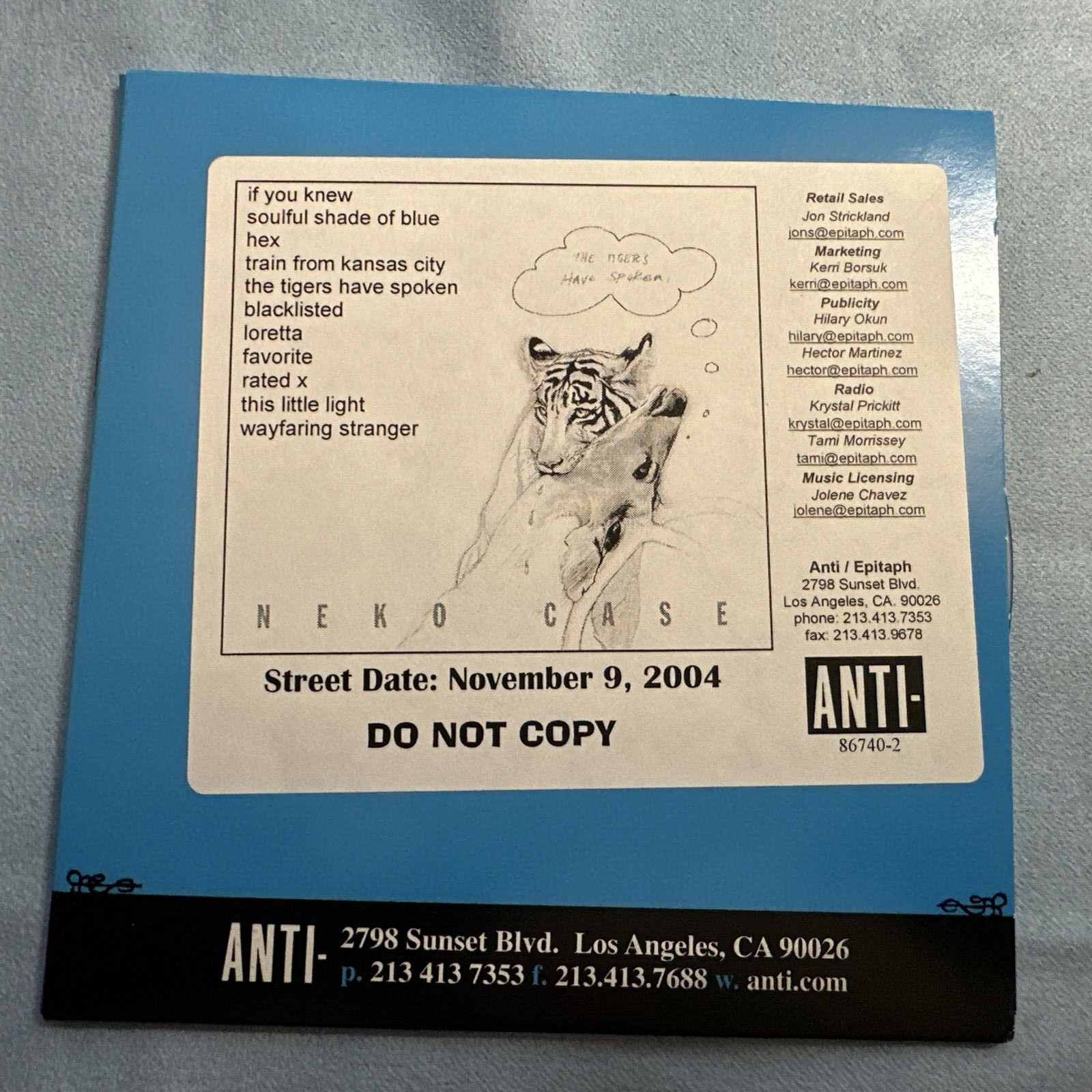 Neko Case - The Tigers Have Spoken Rare Advanced Promo CD.
