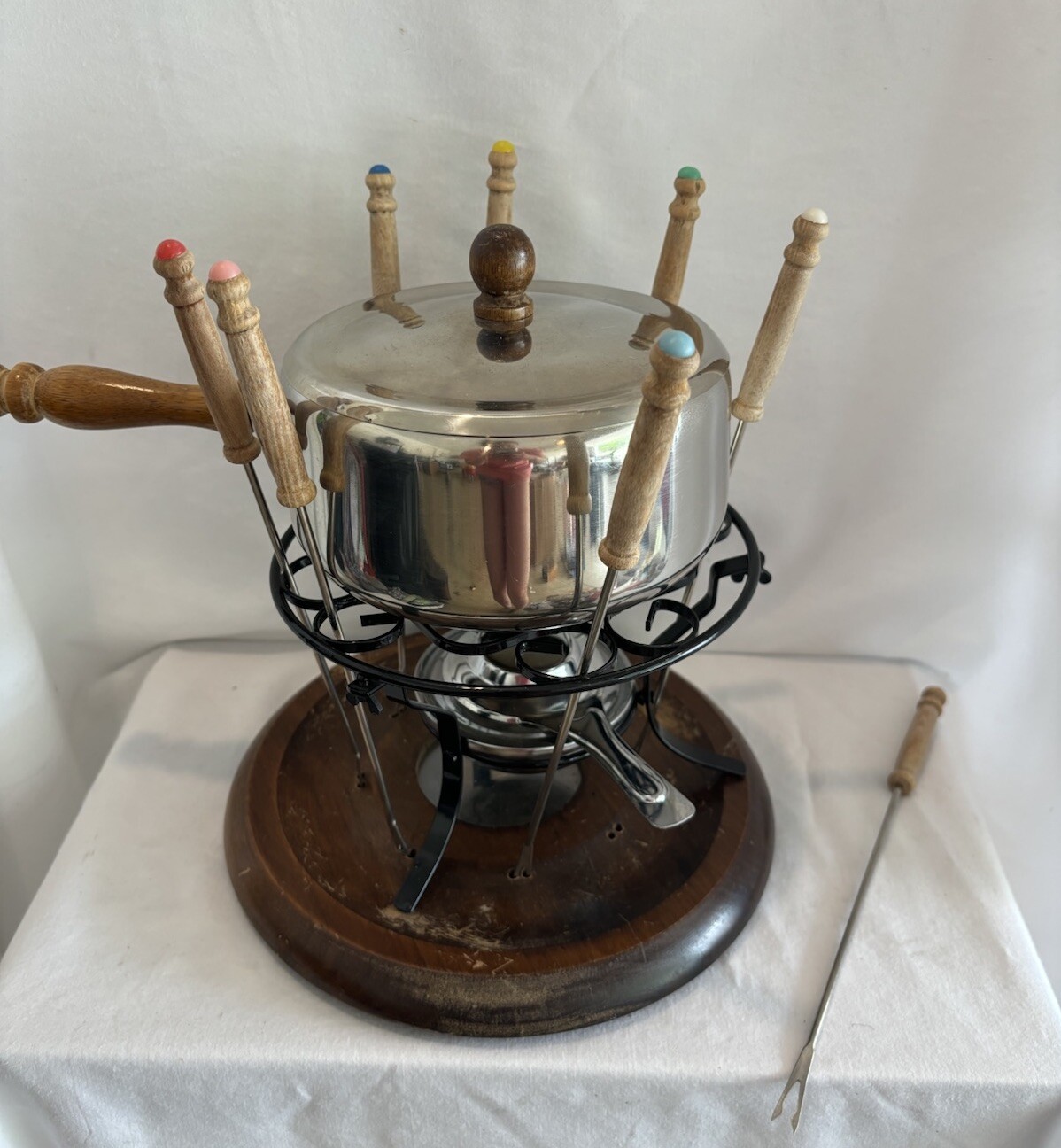 Vintage MCM Fondue Set With Wood Base And Handle With 8 Fondue Forks