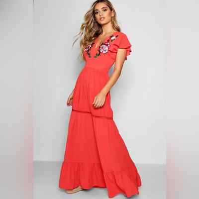 Boohoo EMBROIDERED RUFFLE HEM MAXI DRESS coral poppy size 6 NWOT boho long  | eBay