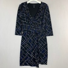 White House Black Market Shirt Dress Womens Small Black Blue V Neck 3/4 Sleeve