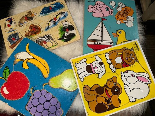 Playskool Vintage Lot of 3 Wooden Tray Animal Fruit Puzzles Yellow Multicolor +