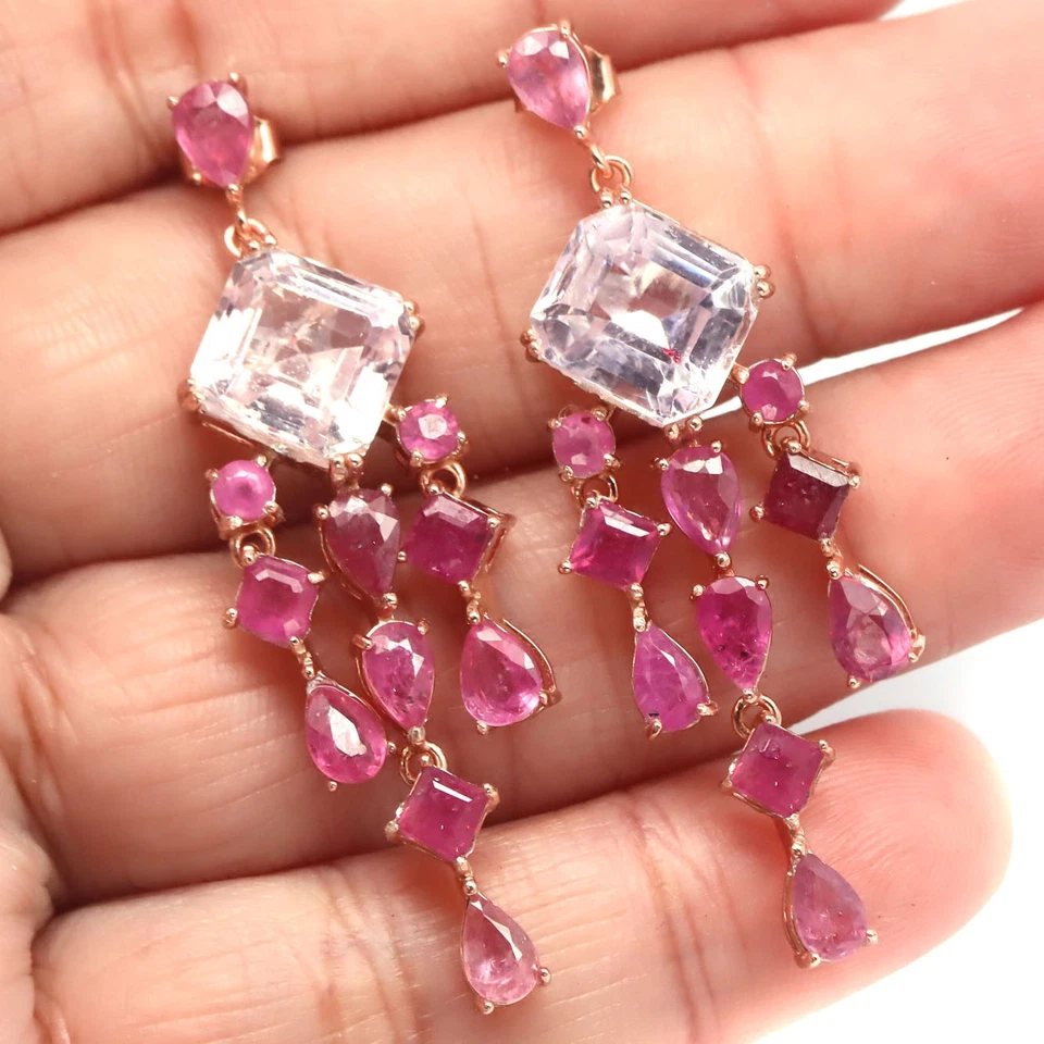 Plata de ley 925 9 x 10 mm. Pendientes Kuncita Rosa y Rubí Rojo Hechos en Tailandia Foto 2 de 4