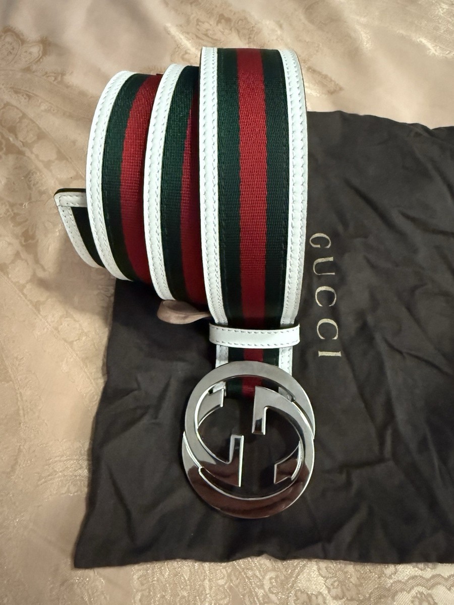 Gucci Silver Interlocking G Buckle Sherry Line Canvas Leather Belt