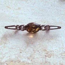 Vtg. Baltic Amber Cabochon Set In Sterling Silver W/A Chain-Link Style Bar Pin