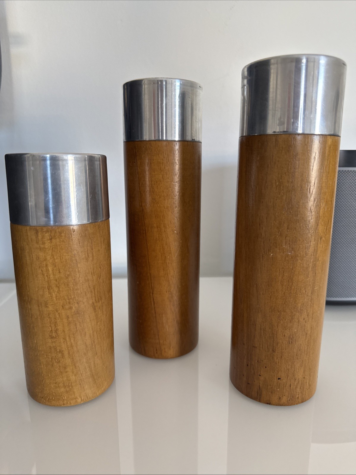 Mid Century Modern-Wood Metal Silver Tea Light-Candle Holder