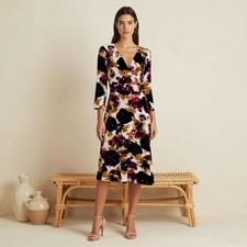 Cocktail Romantic Midi Dress Multi Floral Jersey Wrap V-Neck Sleeve Tie US 4