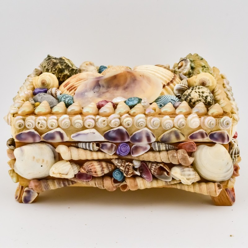 Victorian Era French Shellwork Jewelry Coffin Box Dyed Shells Sailor's Valentine