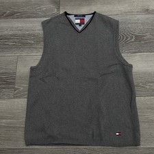 Tommy Hilfiger Cotton Sweater Vest L Gray VNeck Striped Inset Flag Logo Academia