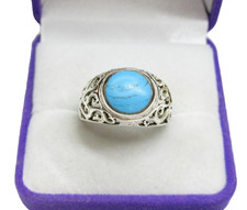 925 Sterling Silver Vintage Turquoise Ring Ornate Filigree Design Size 7.75