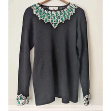 Outlander Sweater Womens Small Black Silk Angora Green Silver Sequins Pullover
