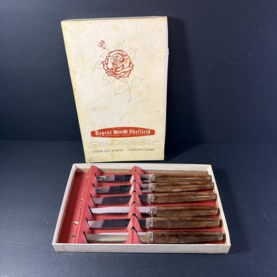 Vintage Regent Sheffield Steak Knife Set of 6 Stainless Blades Forever Sharp 8 
