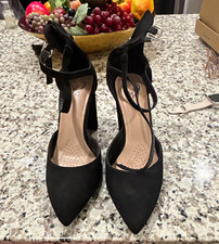 Women s Black Pointed Toe Ankle Strap Block Heel Pumps Back Zip Synthetic