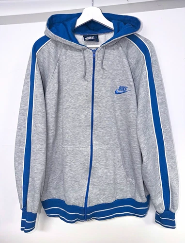 Vintage 80s Nike Blue Tag Full Zip Hoodie | Heather Grey w/ Blue Striped Sleeves video thumbnail