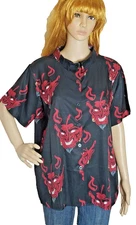 Women's Romwe Top Short Sleeve Button Up Black Red Devil Print Size M