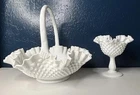 VINTAGE TALL FENTON HOBNAIL RUFFLED EDGE WHITE MILK GLASS BASKET W/ HANDLE Cont.