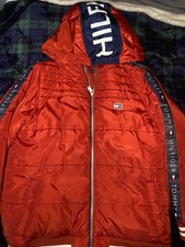 Tommy Hilfiger Red Puffer Jacket Youth Lg 14-16 Hooded Full Zip Long Sleeve Logo