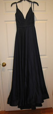 La Femme Navy Blue Pleated V-neck Satin A-line High Slit Dress Size 0