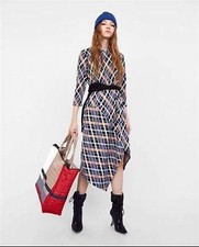 NEW Zara Asymmetrical Geo Plaid Midi Dress Black Multicolored Size S