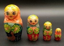 Matryoshka 4-Piece Russian Nesting Doll Set Hand Painted with Birds Lathe Turned