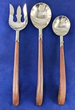 Vintage Sterling Silver Wooden Handle 3pc Set Salad Serving Fork and Spoons
