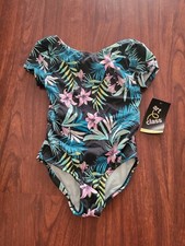 Girls' Tropical Print Open-Back Short Sleeve Swimsuit XS. Art Class B103