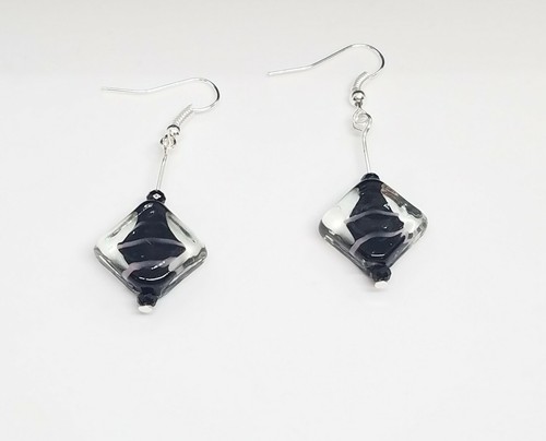 Handmade Glass Bead Dangle Earrings Blk/Purlp Zebra Stripe silver hook Earrings - Picture 5 of 6