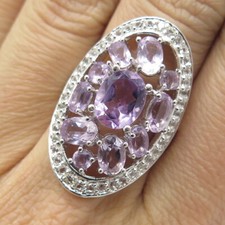 925 Sterling Silver Real Amethyst  White Topaz Cluster Ring Size 7
