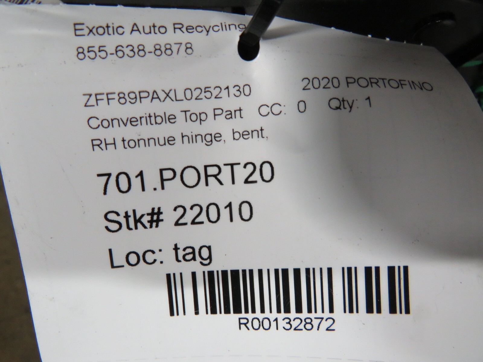 Ferrari Portofino, RH, Right, Tonnue Hinge, Bent, Parts Only, Used, P/N 768594