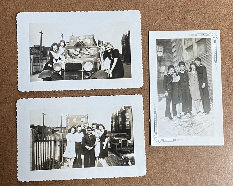 3 Vintage Photos WWII Sailors  & Women Antique Car Automobile 1944