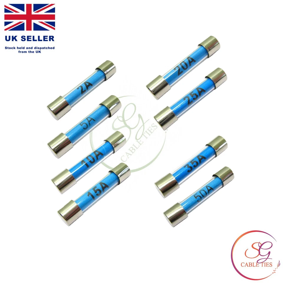 SG CABLETIES Glass Fuses 30mm Standard Quick Blow Fast Acting 2/5/10/15/20/25/35/50A Amp