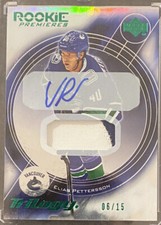 18-19 UD TRILOGY RETRO ROOKIE PREMIERES AUTO PATCH ELIAS PETTERSSON 06/15 03A-EP