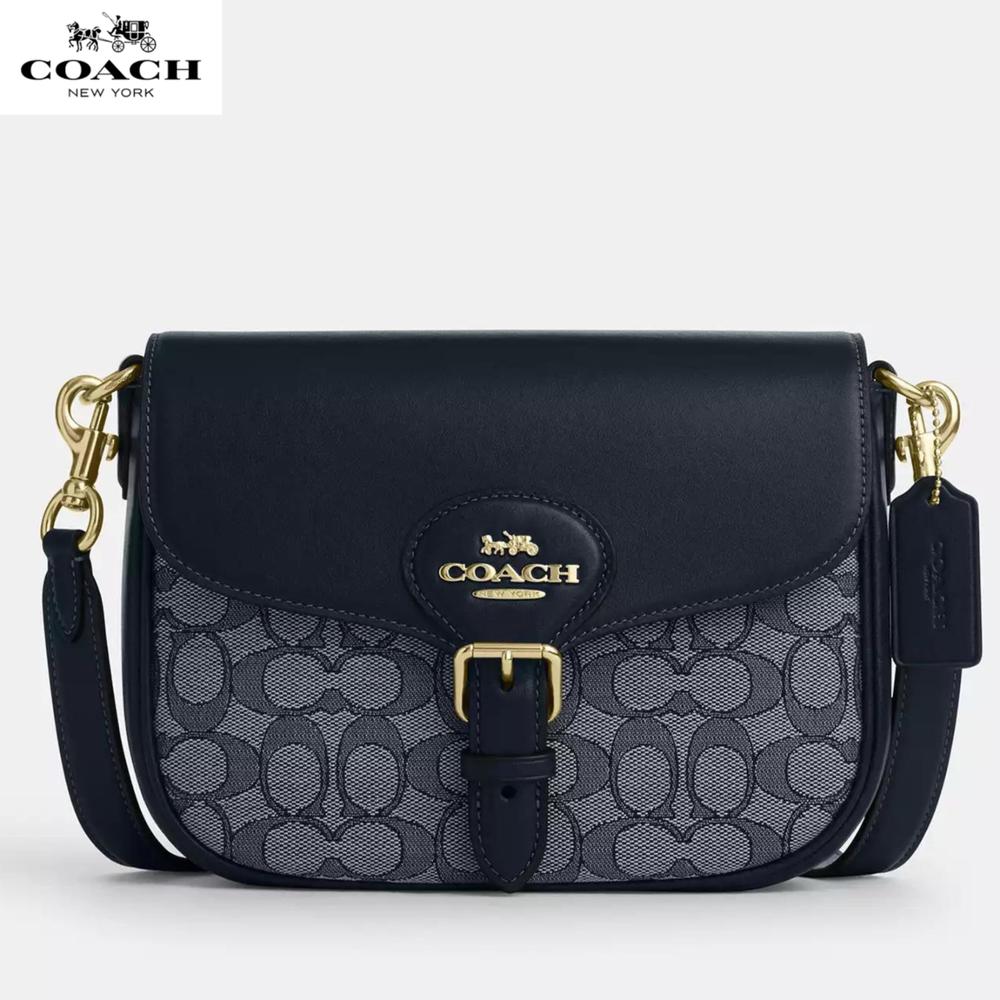 Coach Amelia Saddle Bag Inside & Outside pockets In Signature Jacquard Gold/Navy