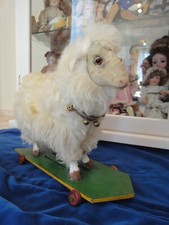 Antique pull toy French SHEEP on wheels collar c1890 for antique BRU Jumeau doll
