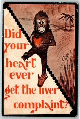Comic Postcard~ Monkey Holding Heart~ Did Your Heart Ever Get The Liver