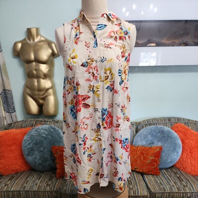 Beach Lunch Lounge Shirt Dress Women's Size S Cream Floral Sleeveless Fall  boho | eBay