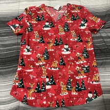Women  s Hospital Medical Scrubs Holiday Christmas Rudolph Size Small Red