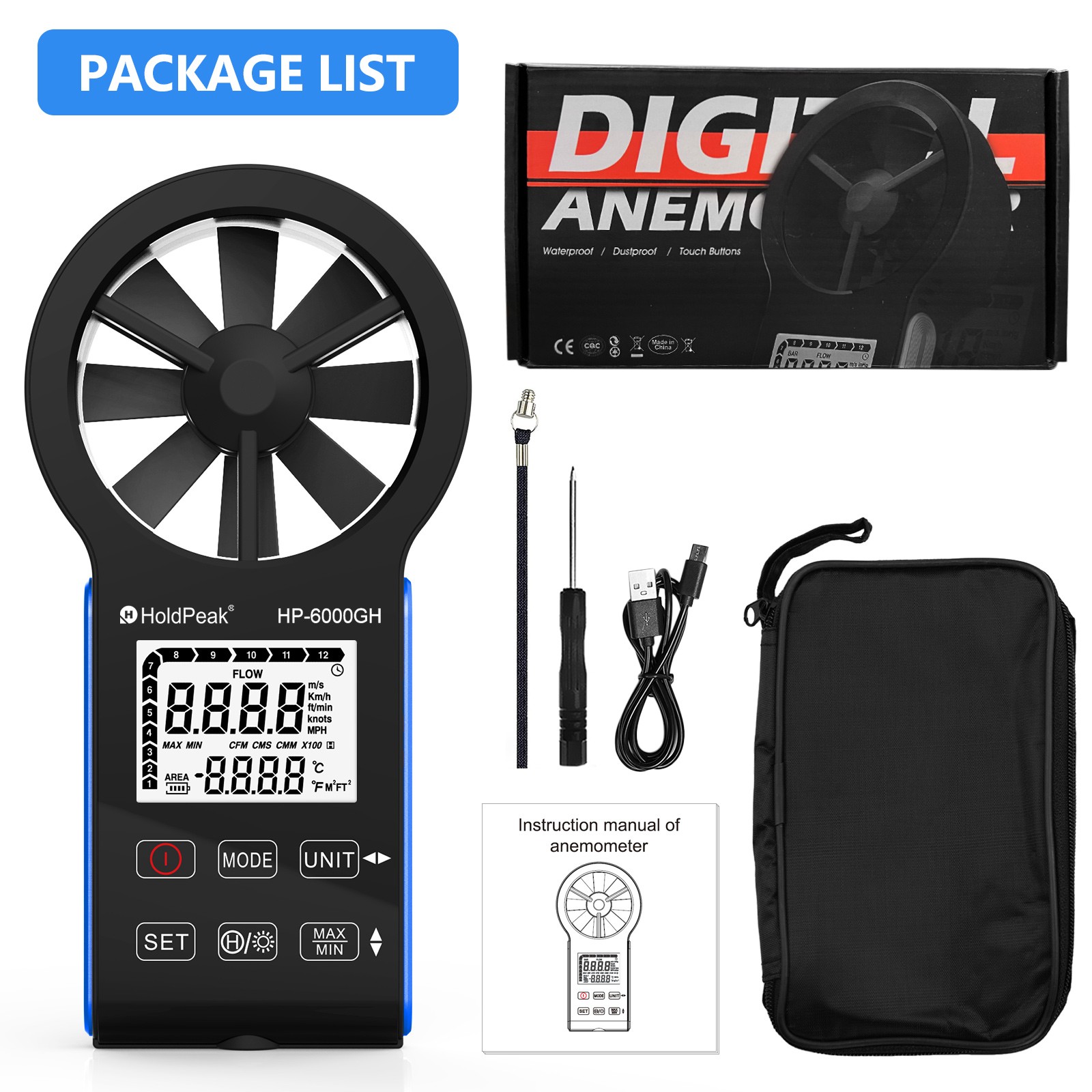Digital Anemometer &ndash; Wind Speed, Airflow & Temperature Meter with USB-C Charging