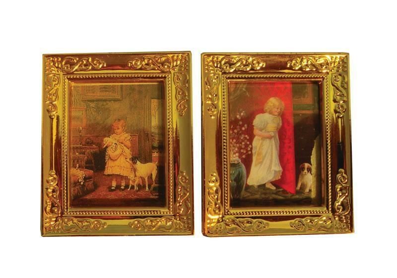 Dolls House 2 Child and Pet Pictures in Shiny Gold Frames Miniature Accessory