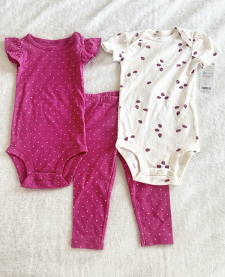 Carter's Girls 12M 3pc Set Bodysuits Legging Ladybug Pink White Polka Dot Hearts