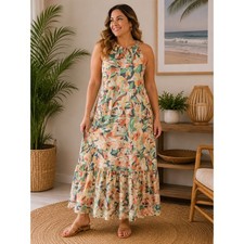 Nine West Maxi Dress Womens Large Orange Teal Floral Halter Tiered Summer Flow