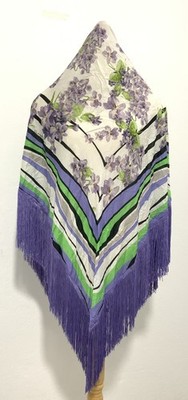 Class Roberto Cavalli Silk Purple Green Floral Fringe Women s Square Scarf